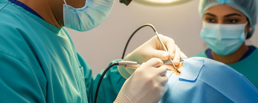 Close-up of a skilled South Asian eye surgeon carefully injecting a gas bubble into a patient's eye to repair a retinal detachment, ensuring clear vision recovery.