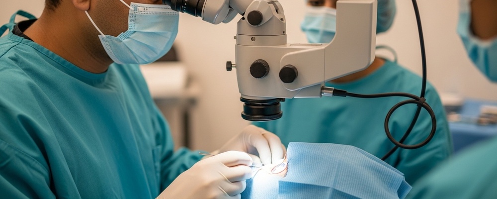 Close-up of a South Asian eye surgeon performing Glued IOL Surgery on a patient's eye, restoring vision.