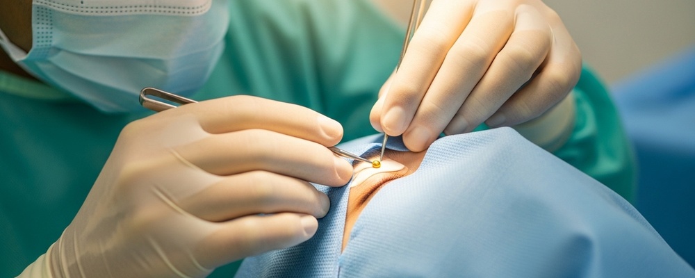 A patient with lagophthalmos receiving a gold weight implant in their upper eyelid to improve eyelid closure and protect the eye from dryness.