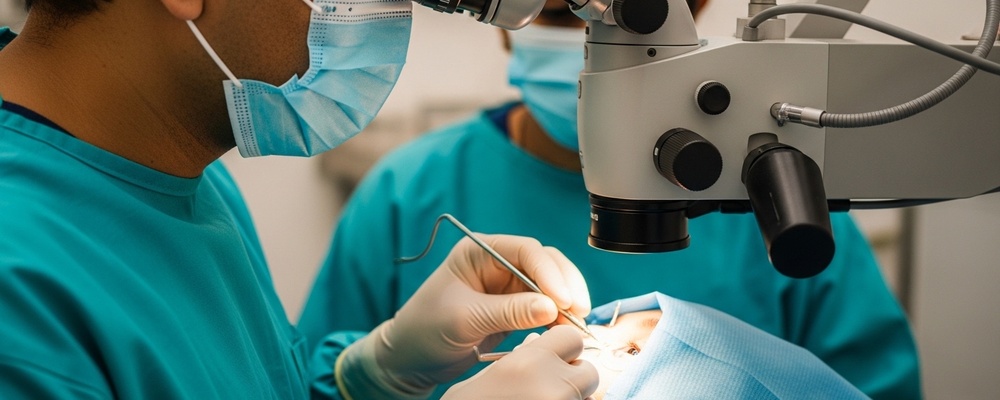 Close-up of a South Asian ophthalmologist performing IOL exchange surgery on a patient's eye, ensuring clear vision.