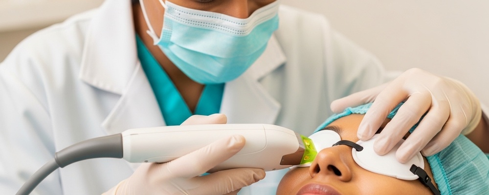 Close-up of a patient receiving Intense Pulsed Light (IPL) therapy for dry eyes, with a medical professional gently applying the device to the lower eyelid area, ensuring comfort and precision.