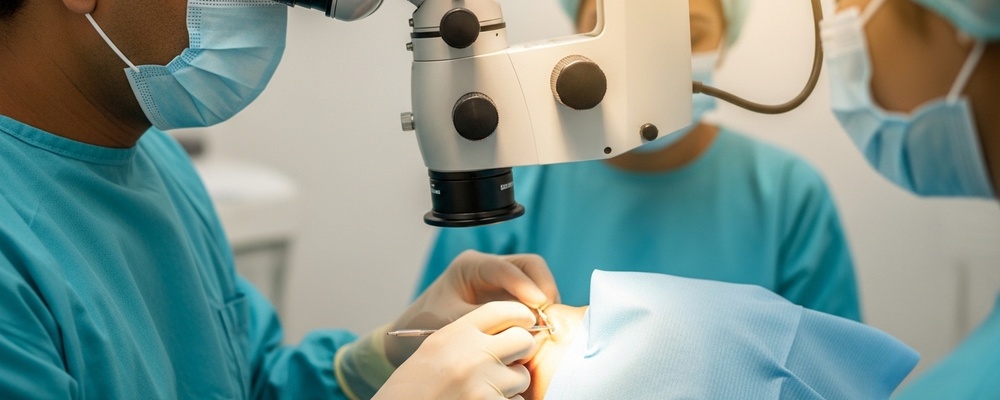 Close-up of a South Asian surgeon performing Intracapsular Cataract Extraction (ICCE) on a patient's eye to restore clear vision.