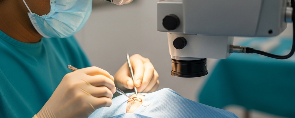 Close-up view of a South Asian ophthalmologist carefully implanting an intracorneal ring segment into a patient's eye to correct vision and stabilize the cornea, ensuring precise placement.