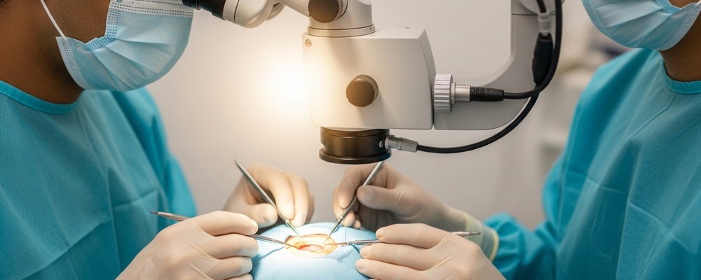 Close-up of a skilled ophthalmologist performing Intraocular Foreign Body (IOFB) Removal, using specialized instruments to carefully extract a foreign object from a patient's eye during surgery.