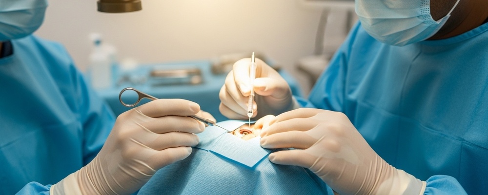A South Asian patient receiving a precise, gentle intracameral injection into their eye by a skilled ophthalmologist, with sterile drapes and specialized instruments visible.