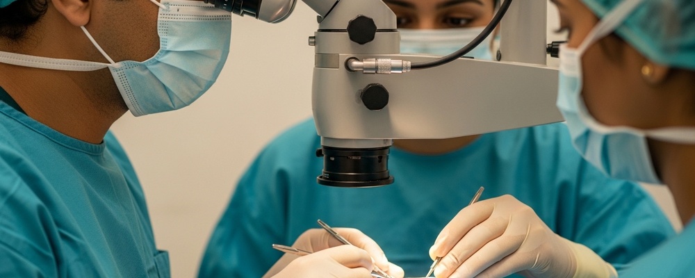 Close-up view of a South Asian eye surgeon carefully implanting an Iris-Claw intraocular lens into a patient's eye during a secondary IOL procedure, restoring clear vision.