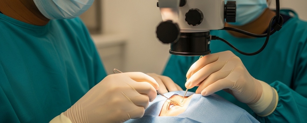 Close-up of a South Asian ophthalmologist carefully placing an iris hook during a pupil expansion procedure on a patient's eye, ensuring optimal visibility for cataract surgery.