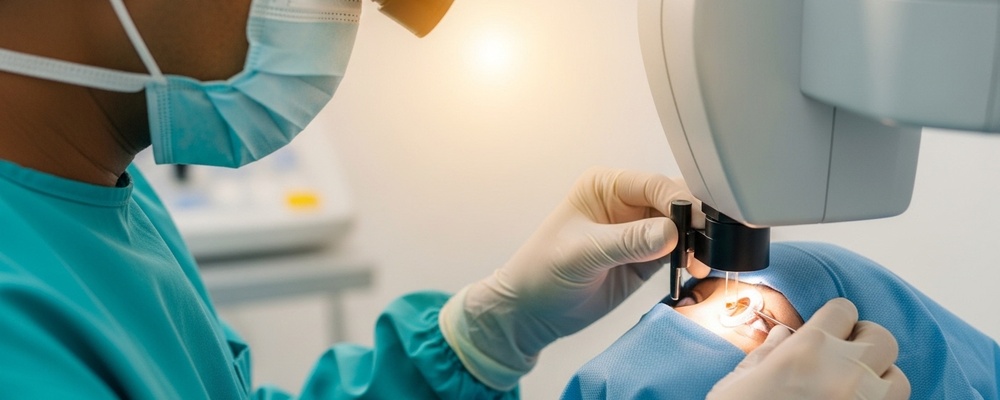 A South Asian ophthalmologist, wearing sterile gloves and a mask, carefully calibrating a high-tech excimer laser system focused on a patient's eye for LASEK / Epi-LASIK vision correction.