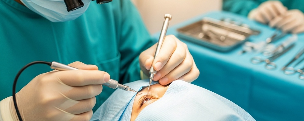 Close-up of a South Asian ophthalmologist gently performing lacrimal probing on a patient's eye to clear a blocked tear duct, ensuring comfortable vision.
