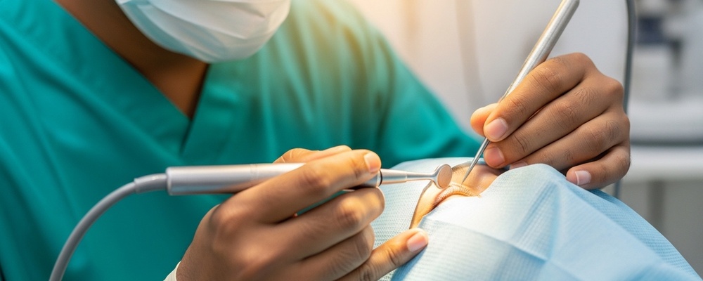 Close-up view of a patient receiving lid margin debridement, with a skilled ophthalmologist gently cleaning the eyelid margins to relieve dry eye symptoms.