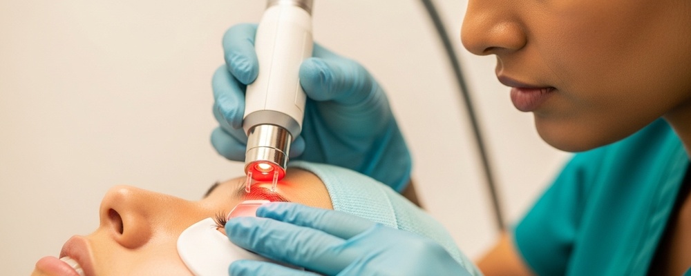 A patient comfortably receiving Low-Level Light Therapy (LLLT) and Radiofrequency (RF) treatment for dry eyes, with a medical professional carefully operating the device.