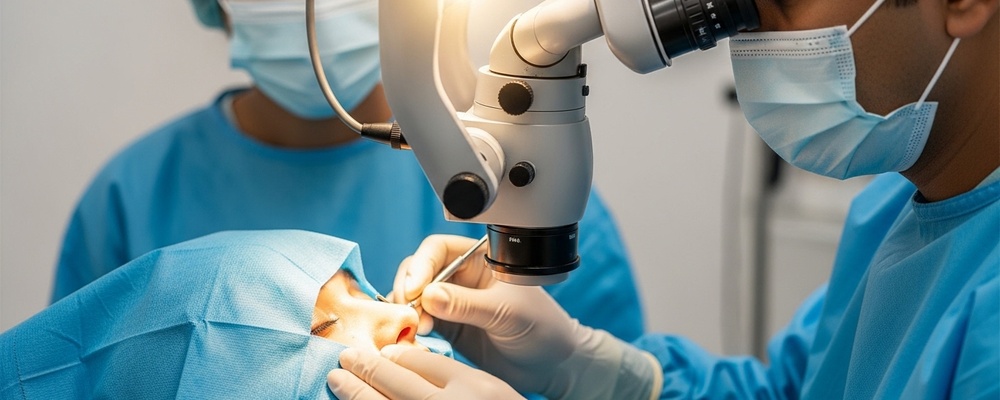 Close-up of a patient's eye undergoing Microincision Cataract Surgery (MICS) with a surgeon's gloved hands and specialized instruments, restoring clear vision.