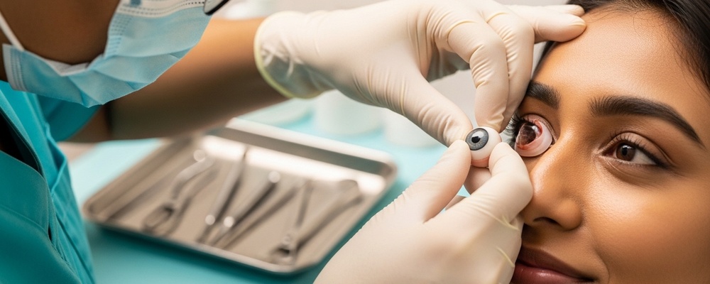 A patient being fitted with a custom artificial eye by an ophthalmologist, ensuring a natural and comfortable appearance after eye removal surgery.