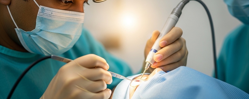 Close-up of a surgeon carefully performing ocular surface tumor excision with cryotherapy on a patient's eye, ensuring precise removal of the growth.