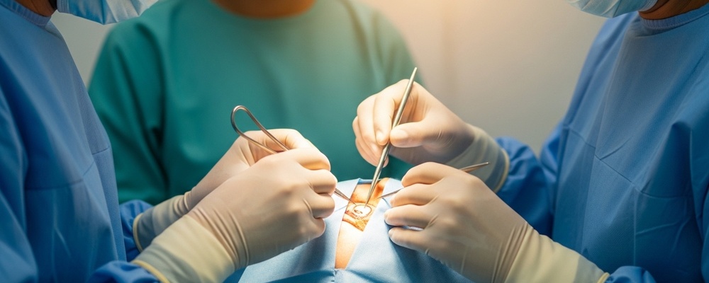 Close-up view of a patient's eye area prepped for Orbital Decompression Surgery, with a skilled South Asian surgeon's gloved hands gently marking the surgical site to relieve pressure from Thyroid Eye Disease.