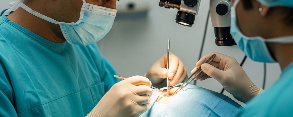 Close-up of a South Asian surgeon performing an orbital tumor biopsy on a patient's eye, with sterile drapes and surgical instruments visible.