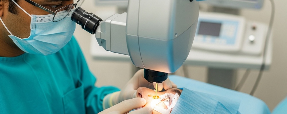 A patient with a sterile drape over their face, focusing on their eye, undergoing PRK laser vision correction with a South Asian surgeon operating a high-tech laser machine.