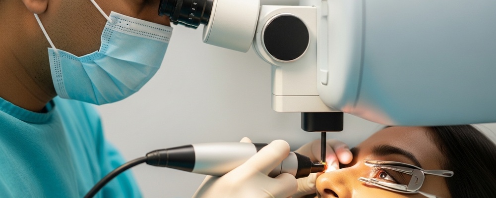 South Asian patient comfortably seated in an eye clinic, receiving Panretinal Photocoagulation (PRP) laser treatment from a skilled ophthalmologist, with a gentle laser beam focused on the eye.