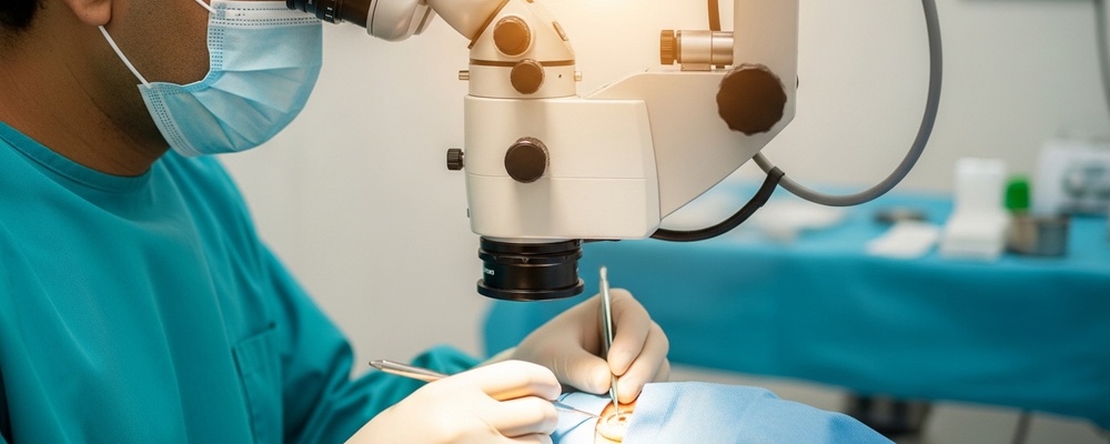 Close-up of a South Asian pediatric ophthalmologist performing delicate cataract surgery on an infant's eye, using a surgical microscope in a sterile operating room.