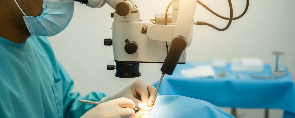 Close-up of a South Asian surgeon performing phacoemulsification cataract surgery on a patient's eye, restoring clear vision.