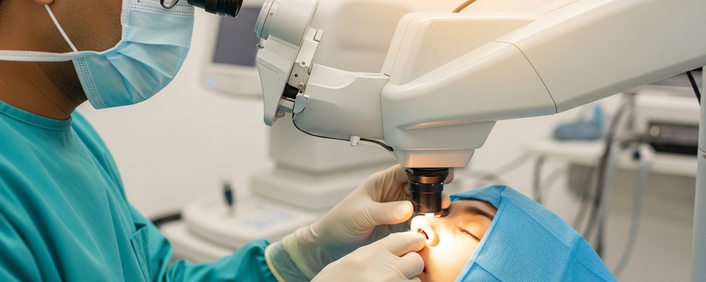 Close-up of a patient's eye undergoing Phototherapeutic Keratectomy (PTK) laser treatment, with a skilled South Asian ophthalmologist carefully operating the excimer laser system.