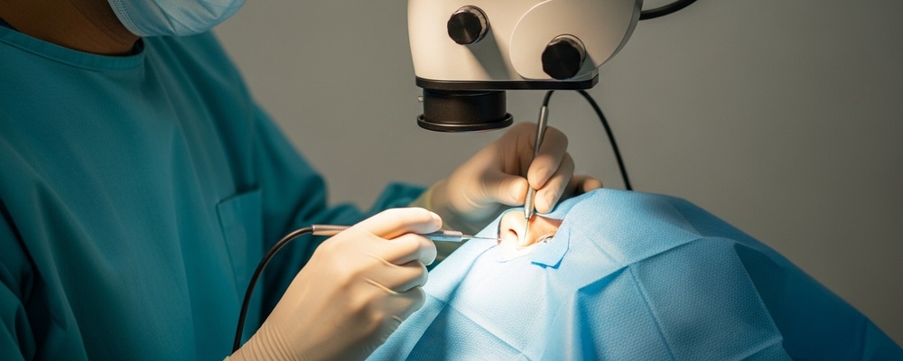 Close-up of a patient's eye receiving numbing drops before Piggyback Lens Implantation, with a skilled South Asian ophthalmologist's hands gently preparing the eye for the procedure.