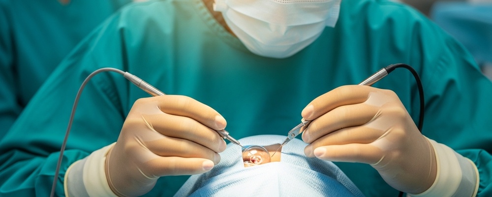 Close-up of a South Asian ophthalmologist carefully performing Pneumatic Retinopexie on a patient's eye to reattach the retina, using specialized instruments.