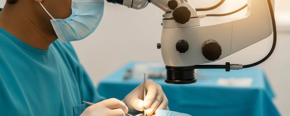 Close-up of a South Asian eye surgeon performing Pre-Descemet Endothelial Keratoplasty (PDEK) on a patient's eye, carefully placing a new corneal layer to restore clear vision.