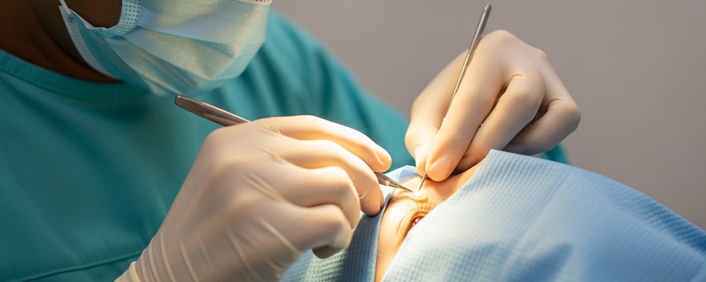 Close-up of a patient's eye receiving a punctal plug insertion from a skilled ophthalmologist, bringing relief from dry eye symptoms.