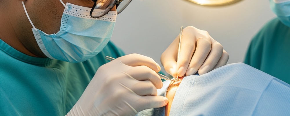 Close-up of a patient's eye receiving Punctoplasty / Punctal Stenosis Dilatation to relieve watery eyes, showing a surgeon's gloved hands carefully performing the procedure.