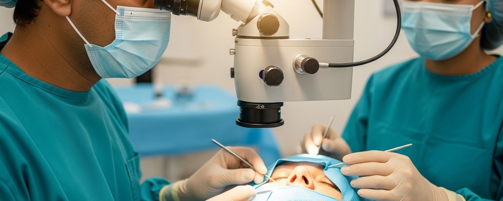 Close-up of a patient's eye undergoing Refractive Cataract Surgery, with a skilled South Asian surgeon gently performing the procedure using advanced instruments to restore clear vision and correct refractive errors.