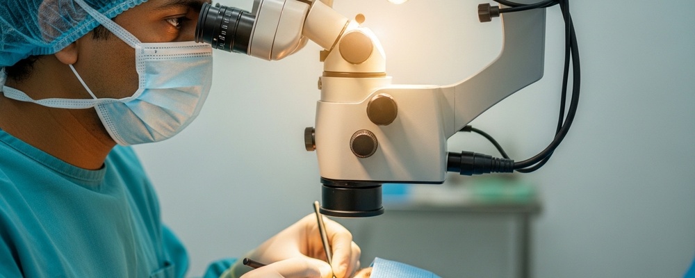 Close-up view of a patient's eye undergoing Refractive Lens Exchange (RLE) surgery, with a South Asian surgeon's gloved hands gently performing the procedure using advanced ophthalmic instruments to restore clear vision.