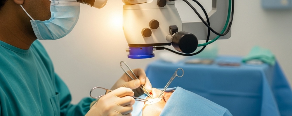 Close-up of a surgeon carefully repairing a patient's extraocular muscle to correct eye misalignment during a strabismus surgery.
