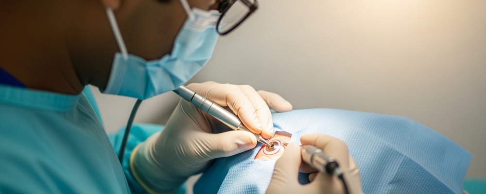 Close-up of a patient's eye undergoing Retinal Cryotherapy (Cryopexy) to repair a retinal tear, with a surgeon's gloved hand holding the cryoprobe.