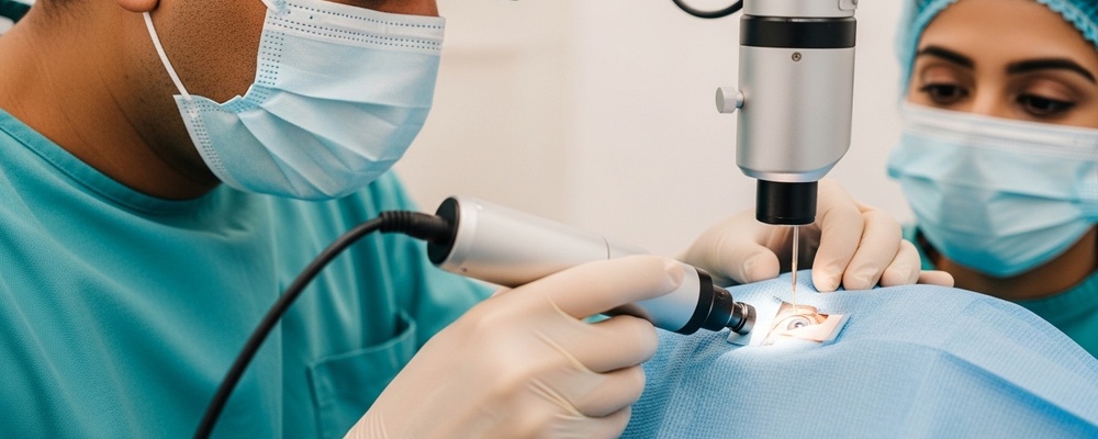 Close-up of a South Asian patient receiving SILK (SmartSight Lenticule Extraction) vision correction, with a skilled ophthalmologist carefully operating a high-tech laser system on their eye, aiming for clear vision.