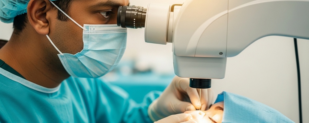 A South Asian patient undergoing SMILE Pro laser eye surgery, with a skilled surgeon carefully performing the procedure to correct vision, focusing on the eye through advanced equipment.