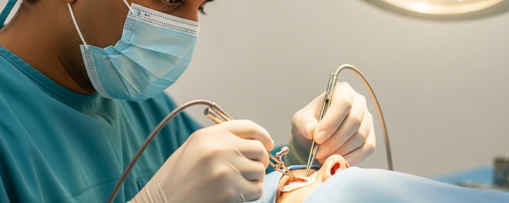 Close-up of a patient receiving a salivary gland transplant for severe dry eyes, showing the delicate surgical process to restore tear production and alleviate chronic dryness.