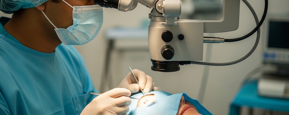 South Asian patient receiving Scleral Buckling Surgery to reattach a detached retina, with a surgeon's gloved hands carefully performing the procedure.