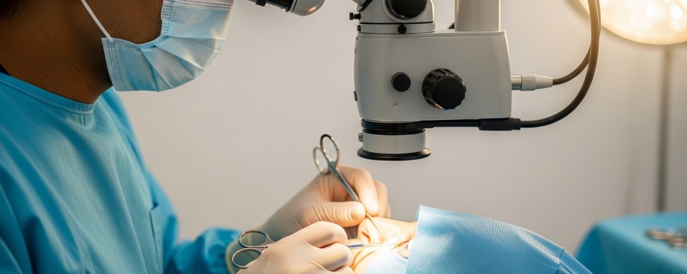 Close-up of a South Asian ophthalmologist performing Scleral-Fixated IOL Implantation (SFIOL) on a patient's eye, restoring vision after cataract surgery complications.