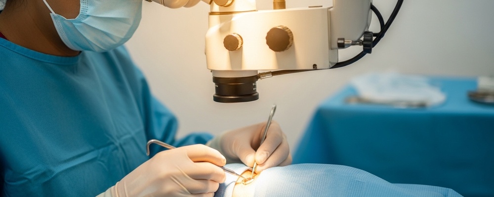 Close-up view of a South Asian eye surgeon carefully inserting a secondary intraocular lens into a patient's eye during surgery, ensuring clear vision after previous cataract removal.