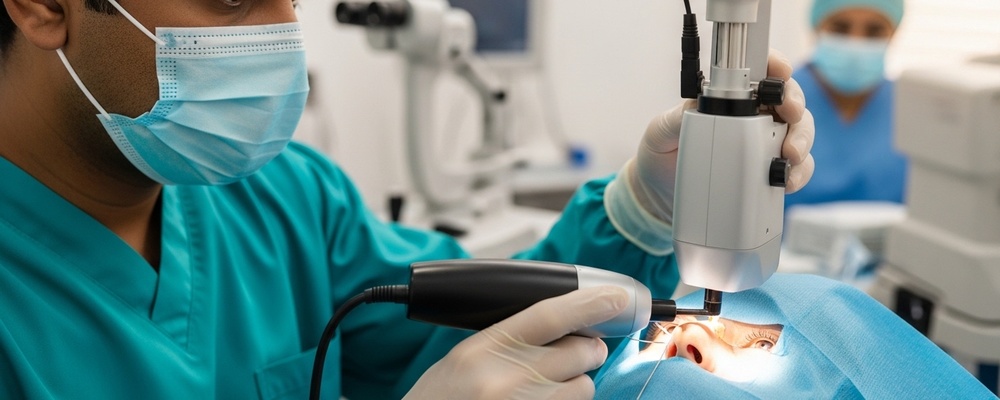 South Asian patient receiving Selective Laser Trabeculoplasty (SLT) for glaucoma, with a skilled ophthalmologist operating a laser machine to gently lower eye pressure and preserve vision.