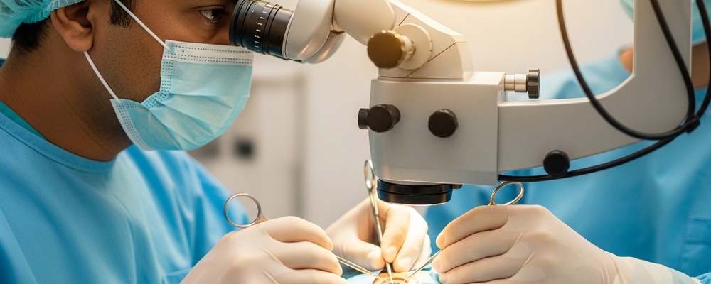 Close-up view of a South Asian eye surgeon carefully performing silicone oil injection into a patient's eye during a retinal procedure, ensuring clear vision recovery.