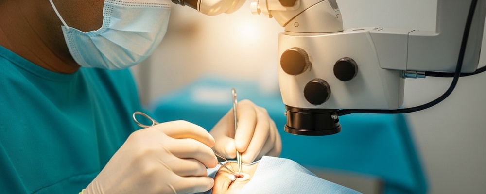 Close-up of a patient's eye undergoing Simple Limbal Epithelial Transplantation (SLET) with a South Asian surgeon carefully placing limbal stem cells, restoring vision and ocular surface health.