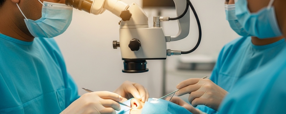 Close-up of a patient's eye being prepped for Small Incision Cataract Surgery, showing a surgeon's gloved hands and sterile instruments.