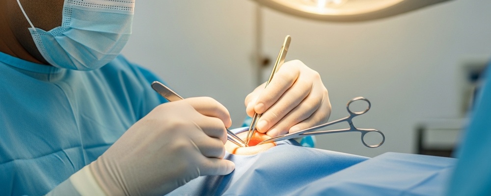 Close-up view of a skilled ophthalmologist performing socket reconstruction surgery on a patient's eye, carefully placing a dermis-fat graft to restore orbital volume and function.