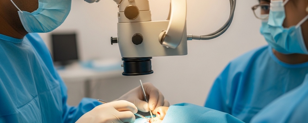 Close-up of a South Asian surgeon carefully performing subretinal fluid drainage on a patient's eye to restore clear vision.