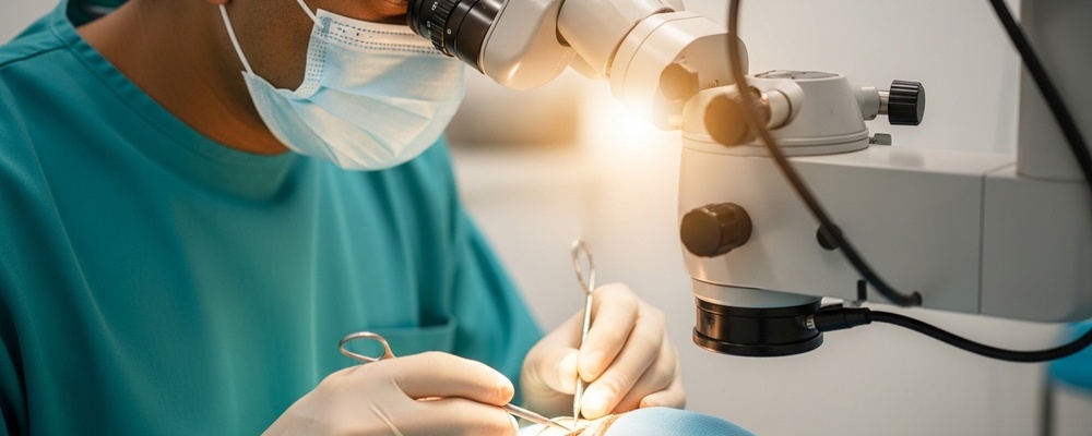 Close-up of a patient's eye undergoing Superficial / Automated Lamellar Keratoplasty, with a South Asian surgeon's gloved hands precisely operating on the cornea using specialized instruments to restore clear vision.