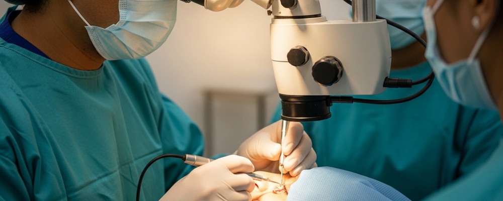 Close-up view of a patient's eye undergoing Superficial Keratectomy, with a skilled South Asian surgeon's gloved hands gently performing the procedure using a specialized diamond burr tool, aiming to smooth the corneal surface.