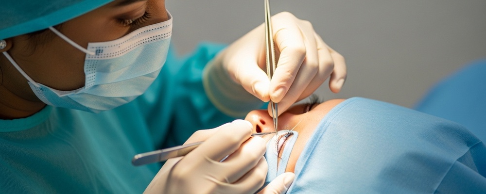 Close-up view of a surgeon carefully performing a tarsorrhaphy procedure on a patient's eye to protect the cornea, showing the delicate stitching of the eyelids.