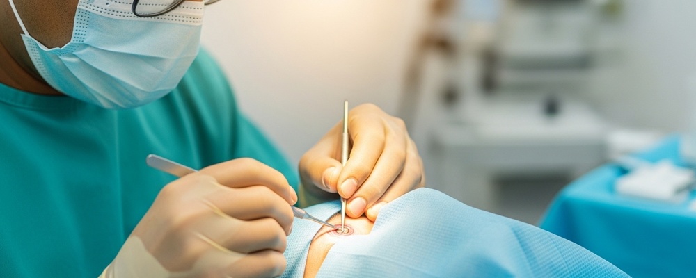 Close-up of a surgeon carefully performing therapeutic debridement on a patient's eye to treat infectious keratitis, ensuring clear vision and infection control.